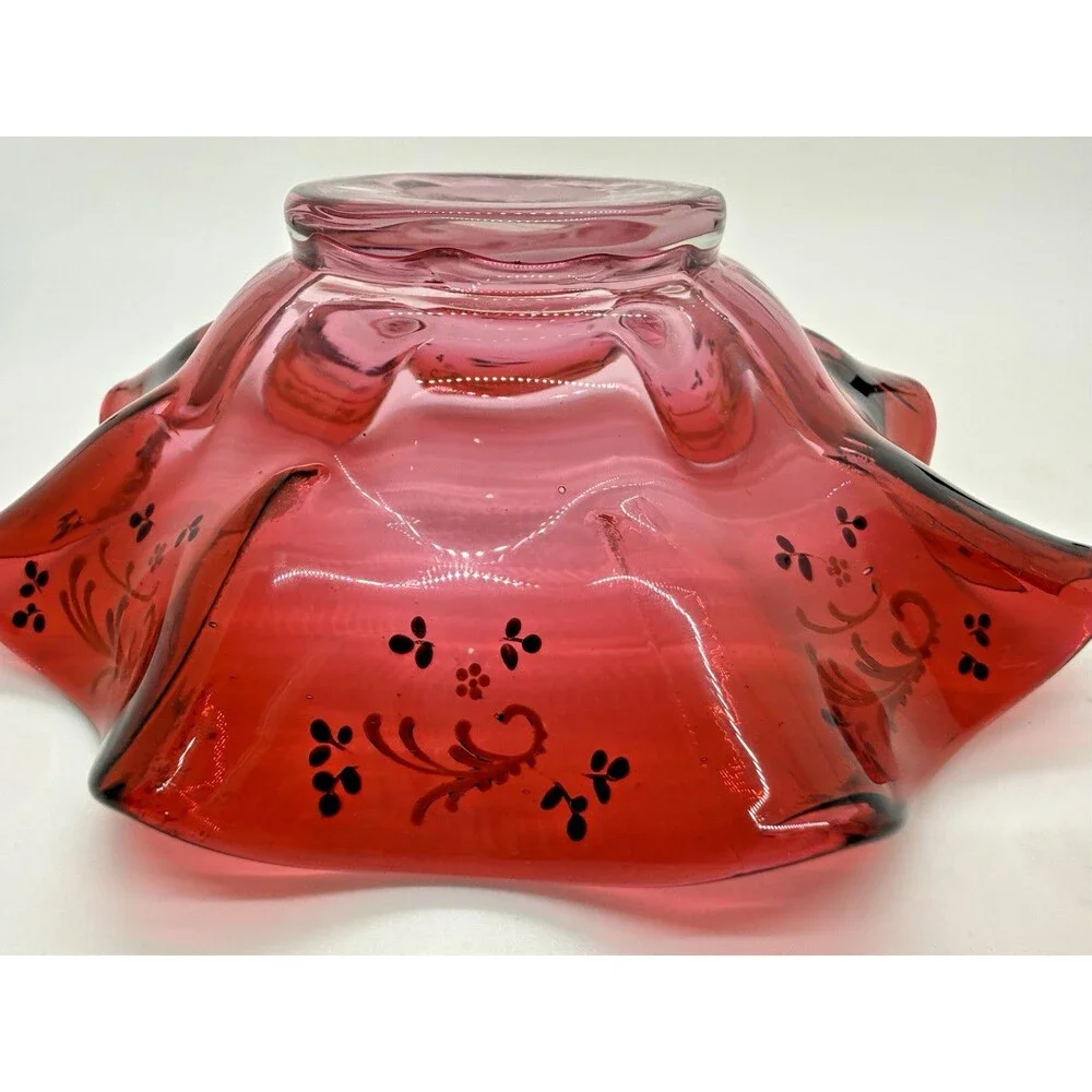 Vintage Murano Style Red Art Glass Bowl Hand Painted Gold Ruffled Rim Rare - Picture 8 of 11
